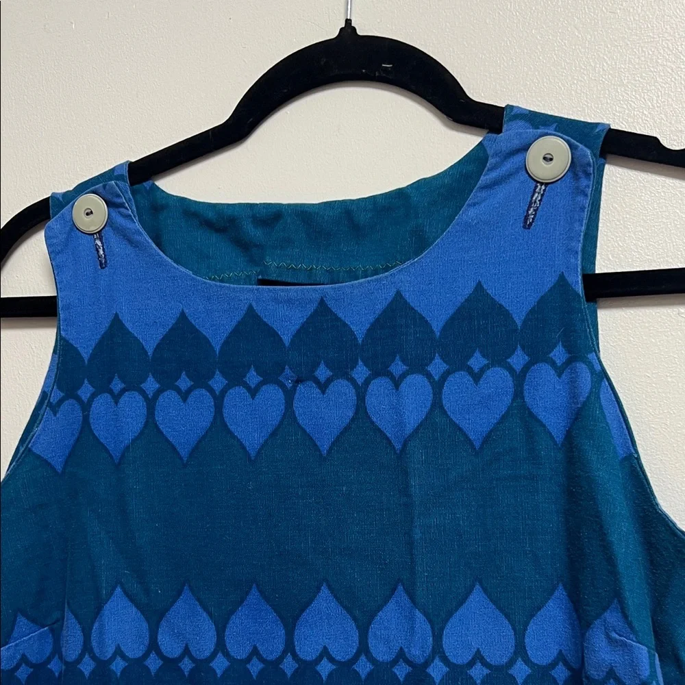 60s 70s Vintage Blue Heart Print Handmade Cotton Sleeveless Mini Dress M/L